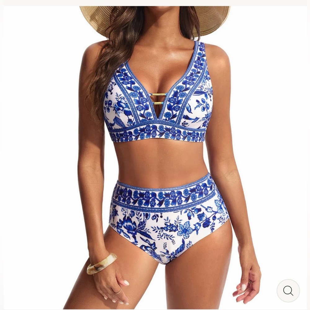 Blue & White Floral High-Waist Bikini Set with V-Neck Top